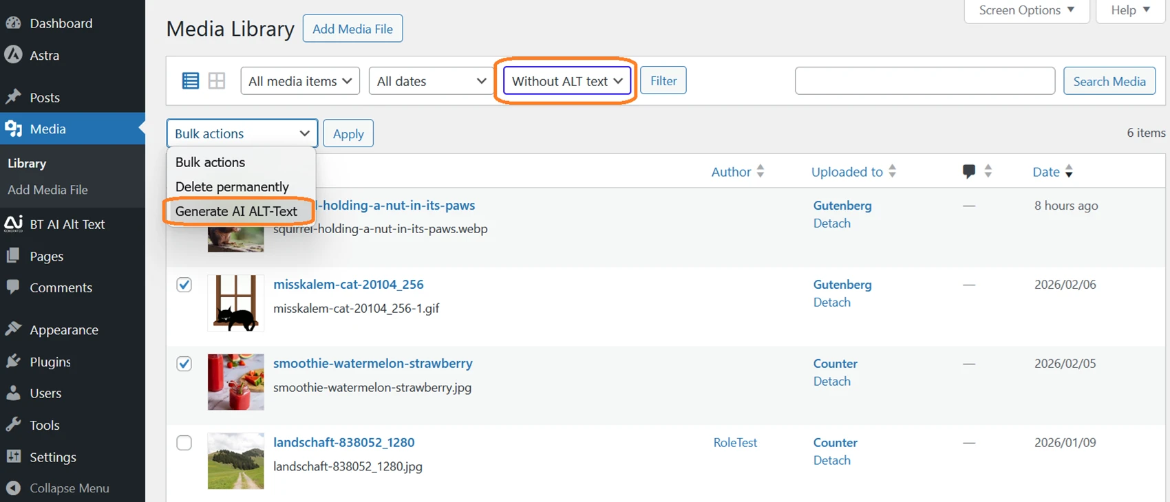 Bulk processing by selecting images in the media library