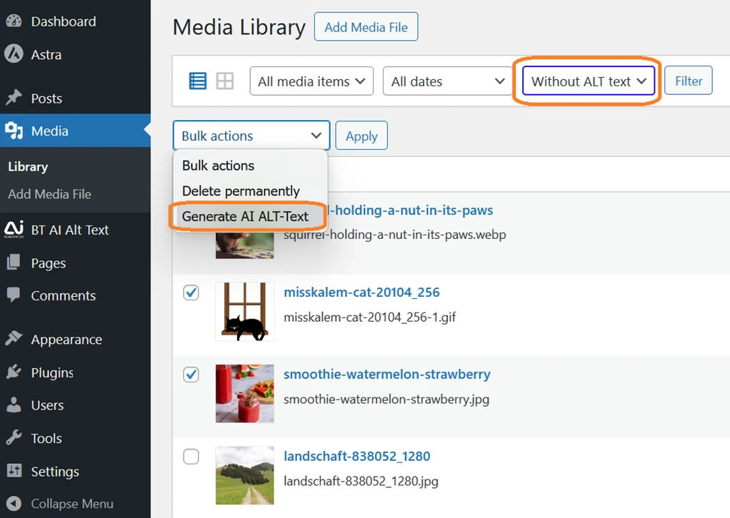 Bulk processing by selecting images in the media library