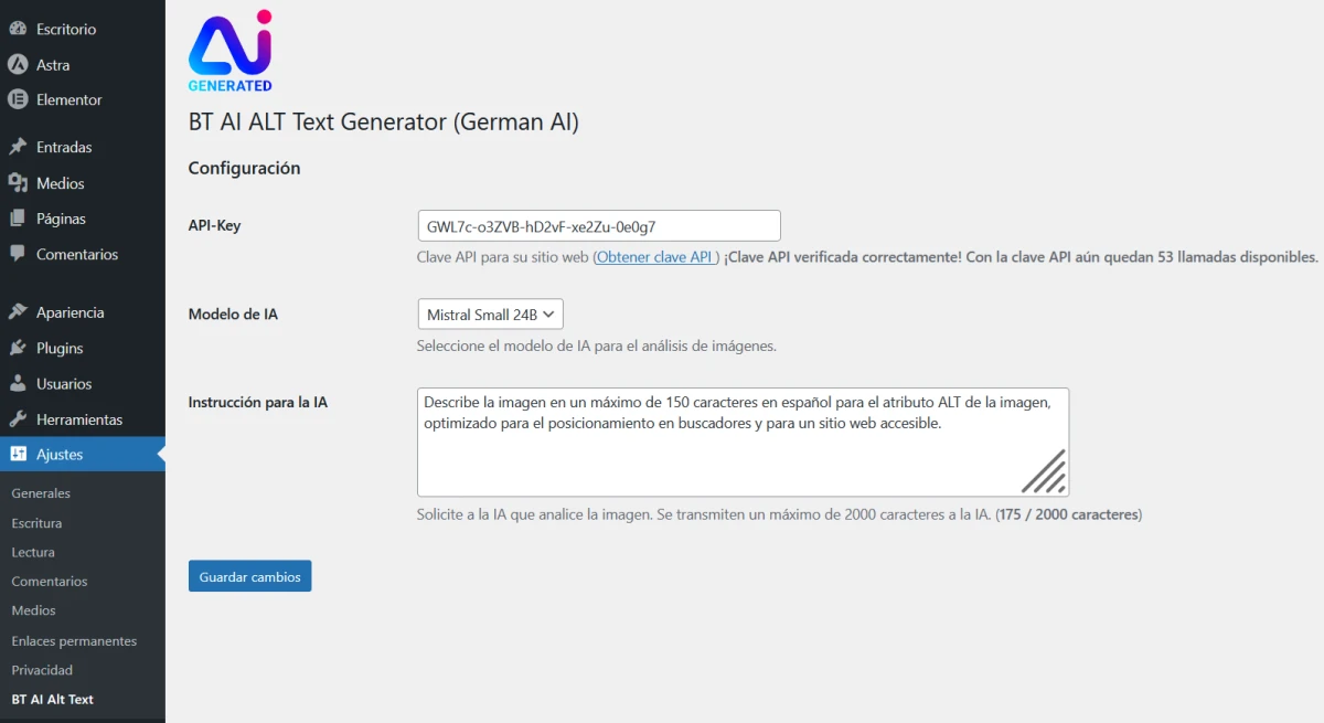 Configuracion del Complemento AI para textos alt
