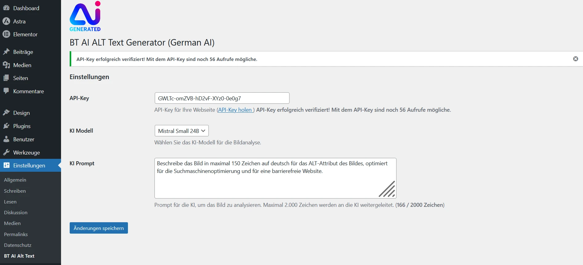 Einstellungen für AI WordPress Plugin zur Generierung von BILD ALT-Texten