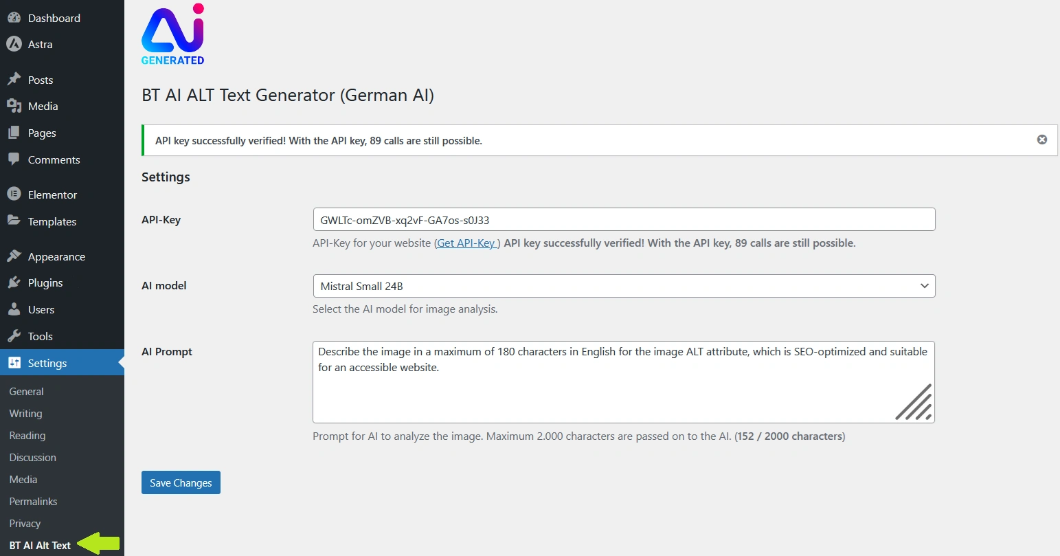 Settings WordPress plugin for generating ALT image text with AI on German servers