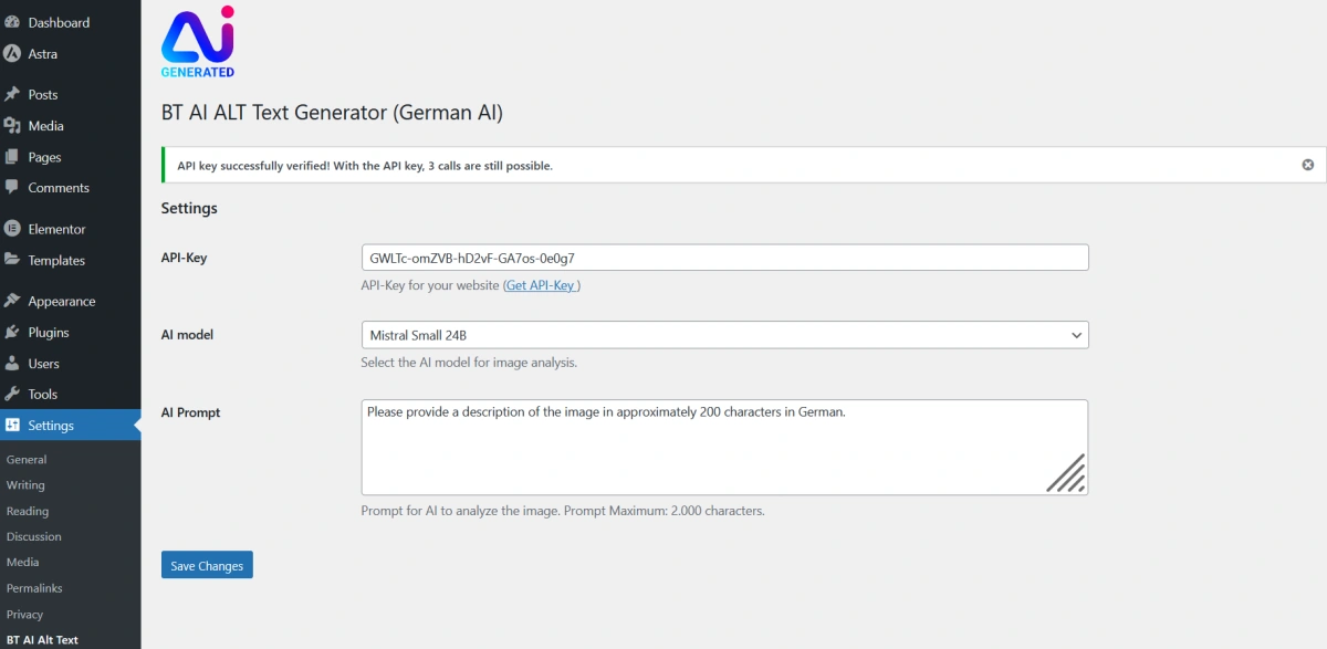 Wordpress Plugin AI generator - ALT text - Settings